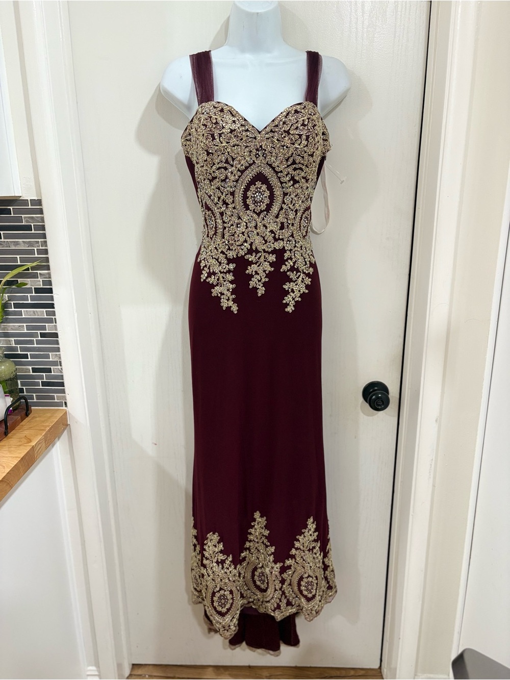 Elegant Formal Medieval Gold Embroidered Burgundy Evening gown